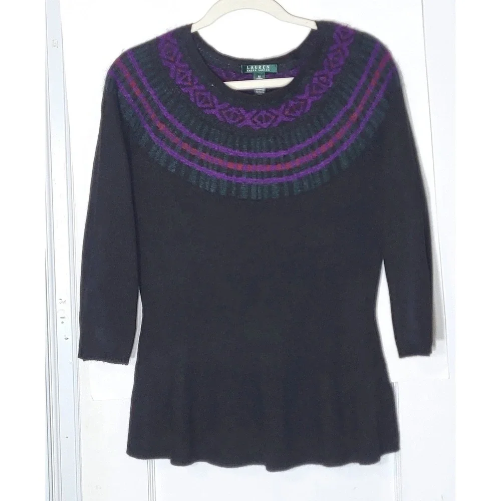 Lauren Ralph Lauren Womens Fair Isle Yoke Peplum Sweater Black Purple Green M